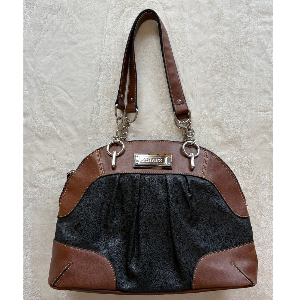 Chaps Black Brown Two-Tone Pleated Faux Leather Shoulder Bag Medium Excellent